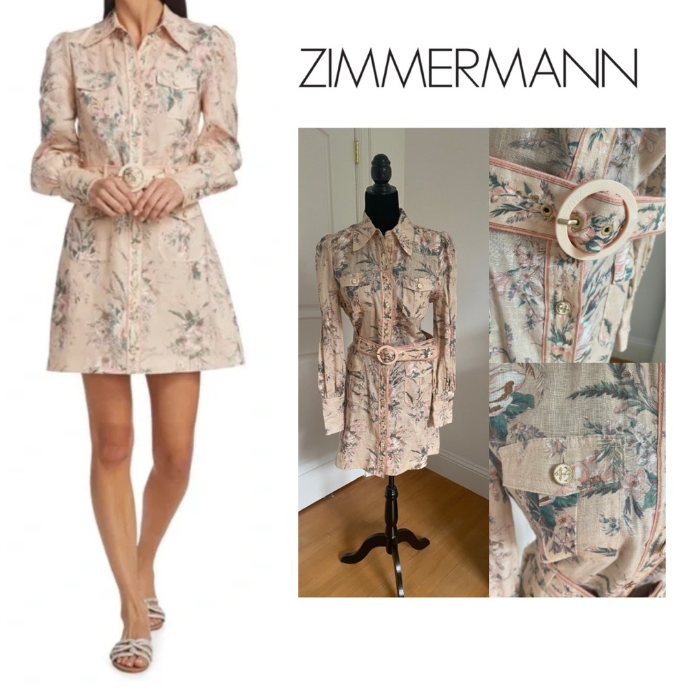💎ZIMMERMANN💎 Linen Floral Shirtdress Dress with Belt Moonshine US 8 NEW!